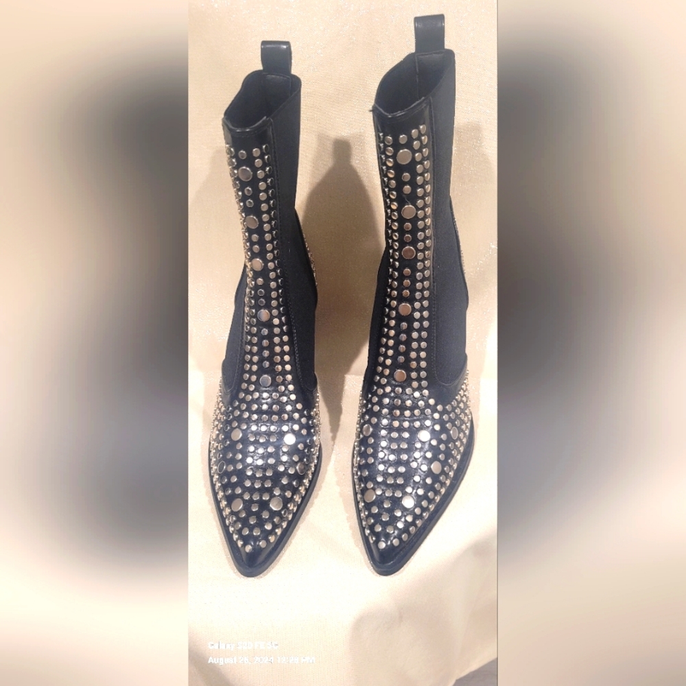 Black Studded Pointed Toe Booties.